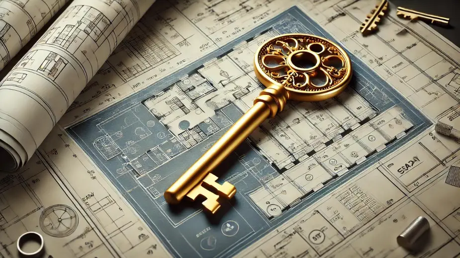 Blueprint with a golden key on top, symbolizing essential strategies for building a successful project.