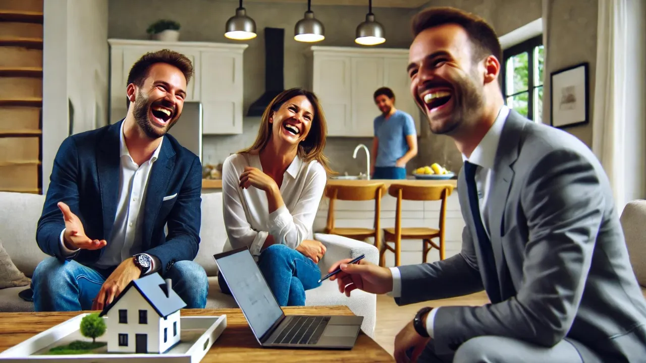 Real estate agent making a joke during a property tour, with clients laughing, highlighting the use of humor in the sales process.