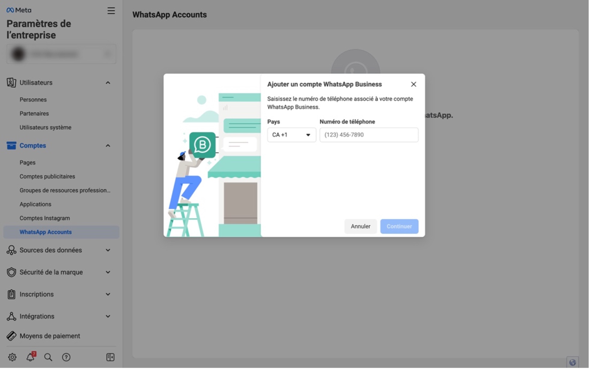 ajouter un compte WhatsApp à meta