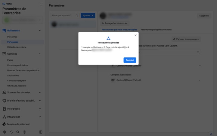 Confirmation des ressources ajoutées sur Meta