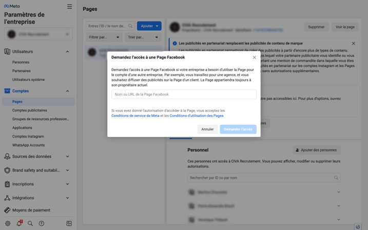 Demander l'accès à une page Facebook via Meta