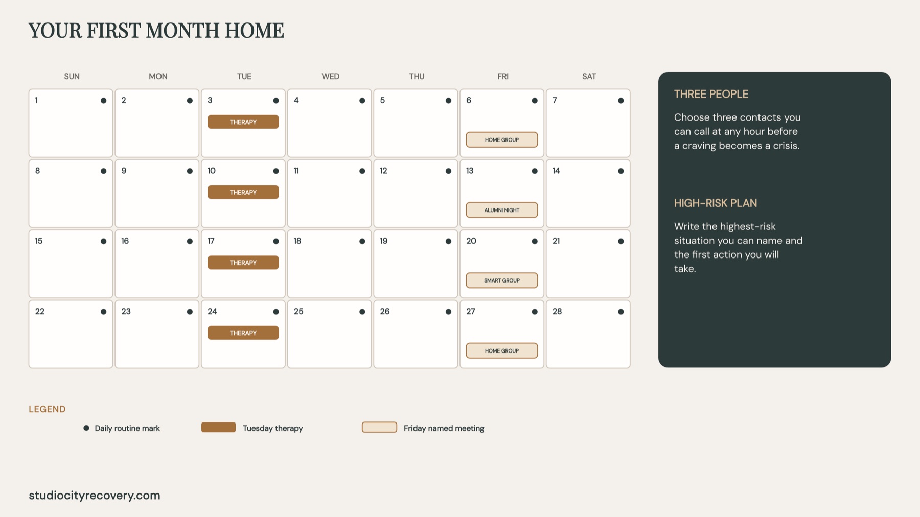 how-to-avoid-relapse-after-rehab-the-prevention-pl-3 A four-week calendar marks daily routine, Tuesday therapy, Friday meetings, three contacts, and a high-risk plan.