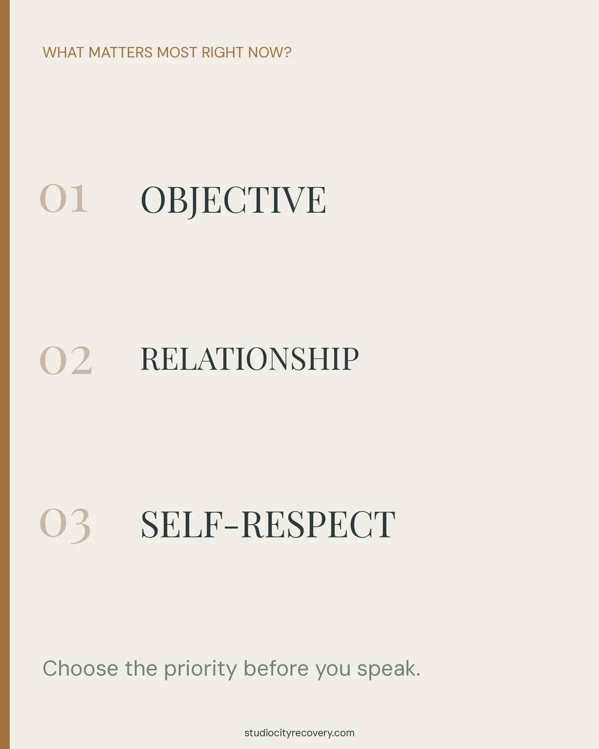 Objective, relationship, and self-respect appear as three priorities to choose before speaking.