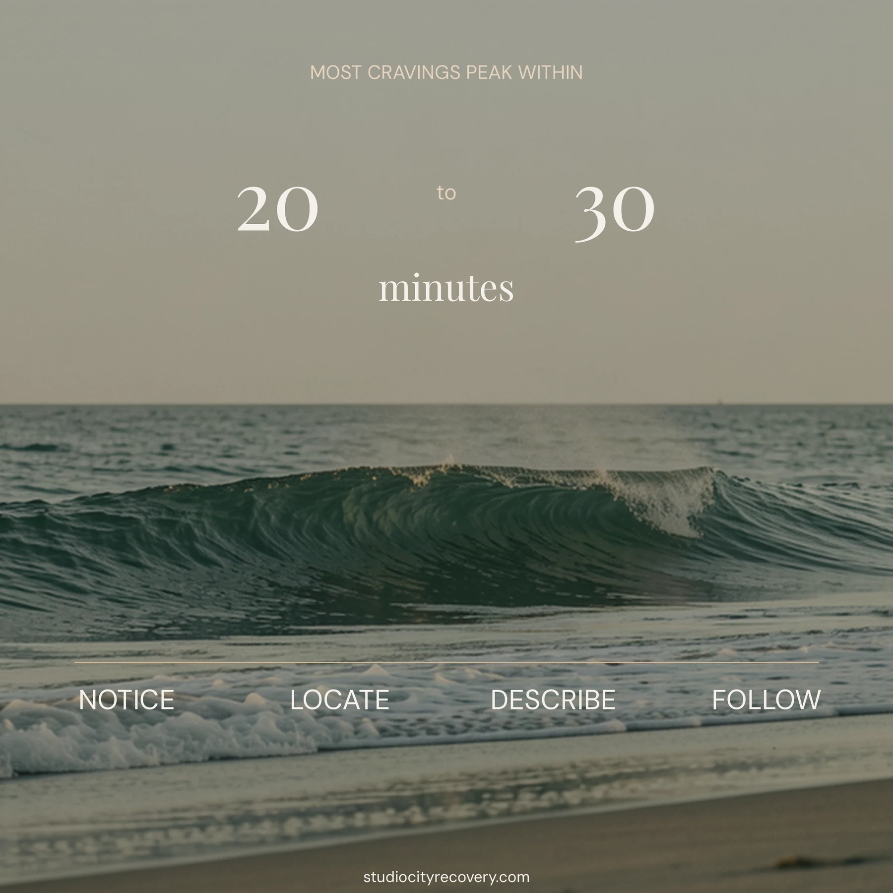 Most cravings peak within 20 to 30 minutes, with four urge-surfing actions: notice, locate, describe, and follow.