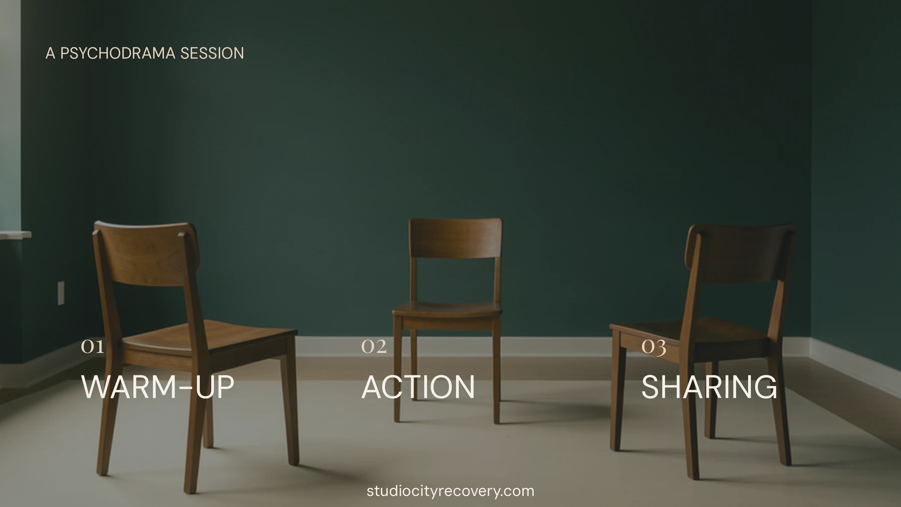 Three empty chairs sit behind the phases warm-up, action, and sharing.