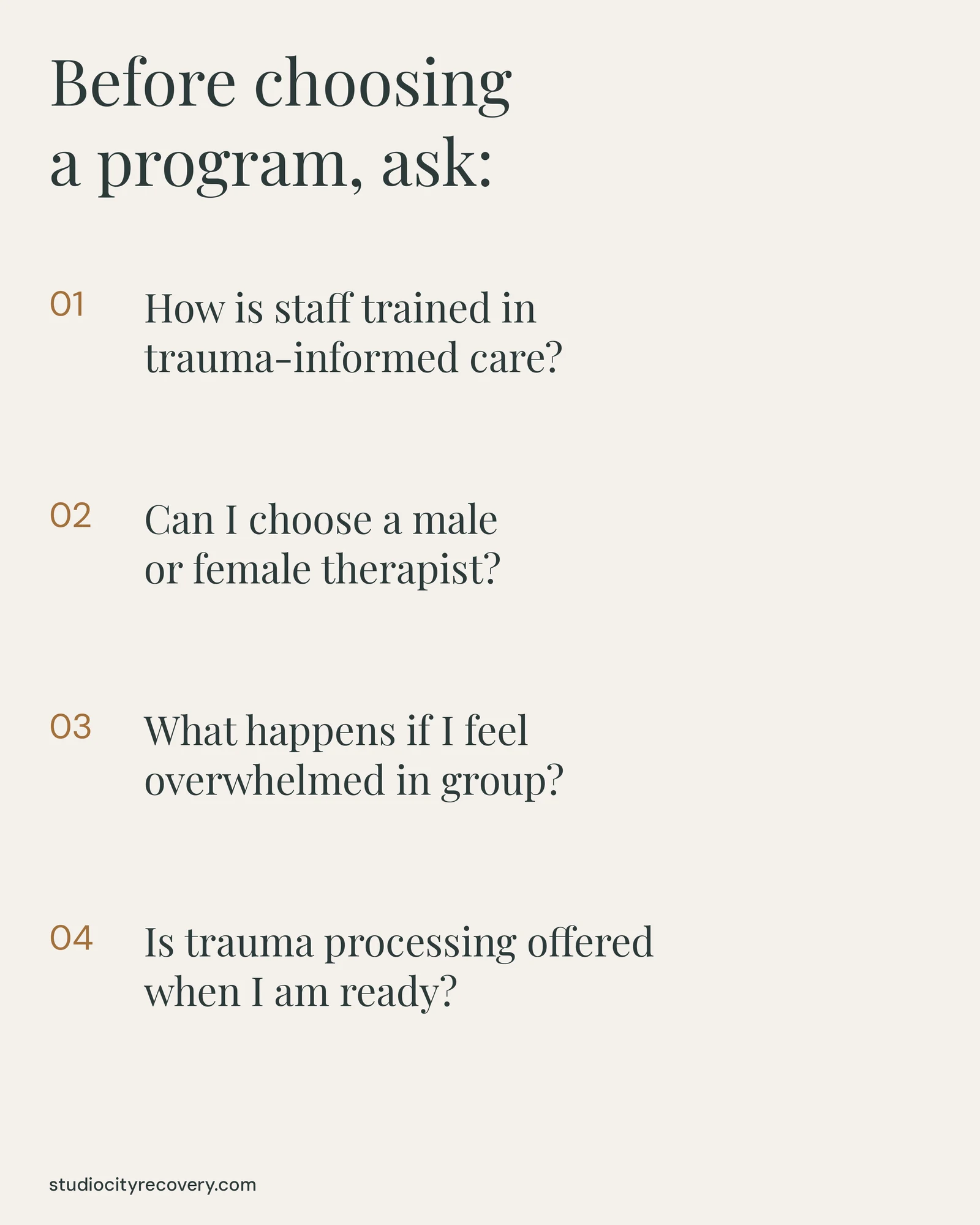 Four questions to ask a treatment program about staff training, therapist choice, group overwhelm, and trauma-processing readiness.