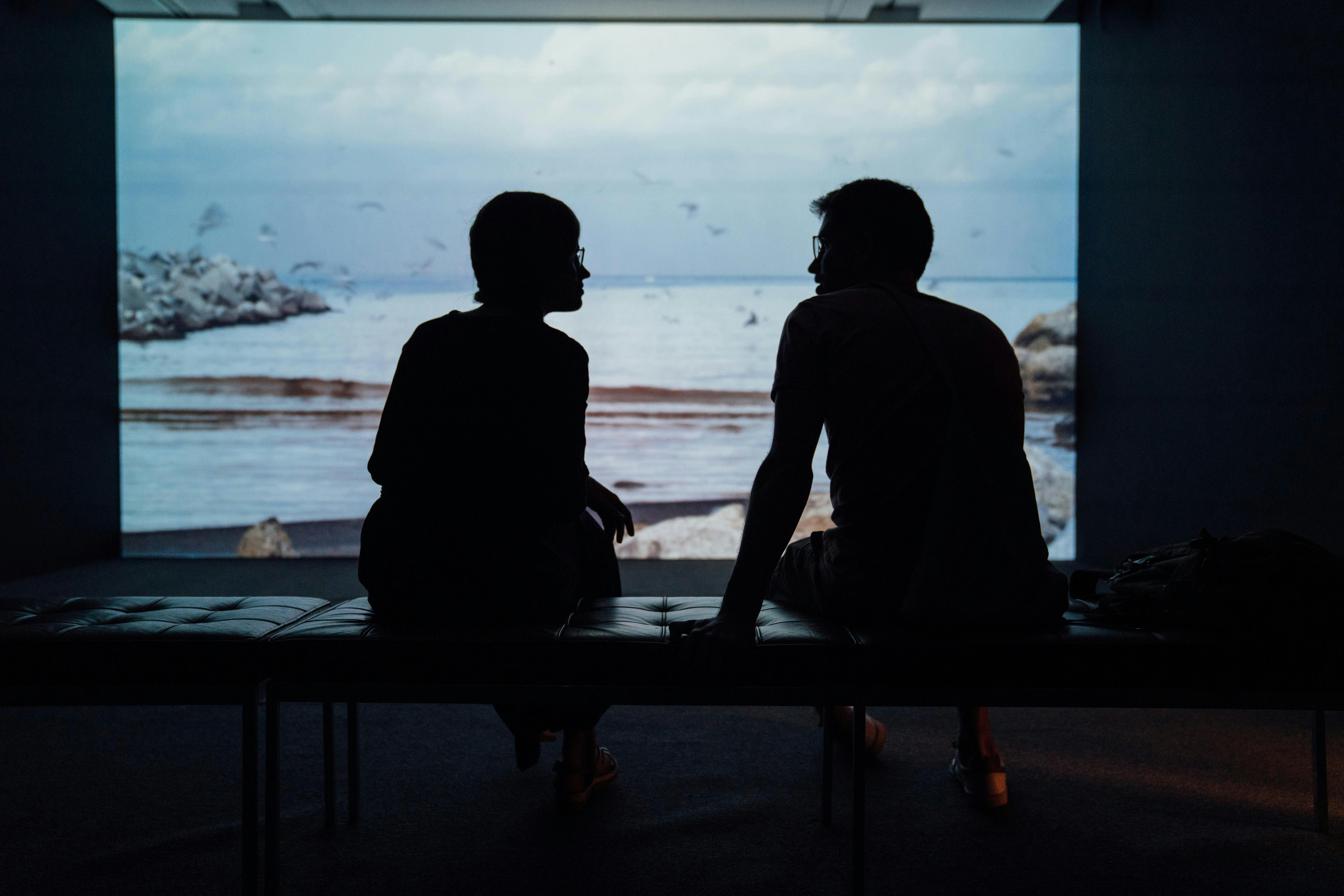 Silhouettes of two people sitting and talking in front of a large ocean-view screen.