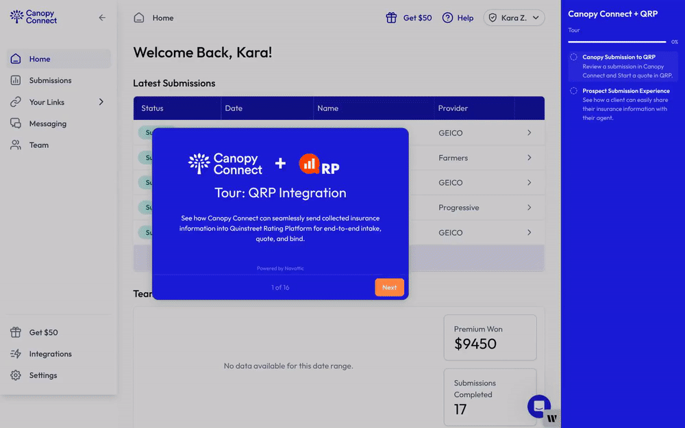 Click to Open a Demo Tour of Canopy Connect integrated with QuinStreet Rating Platform