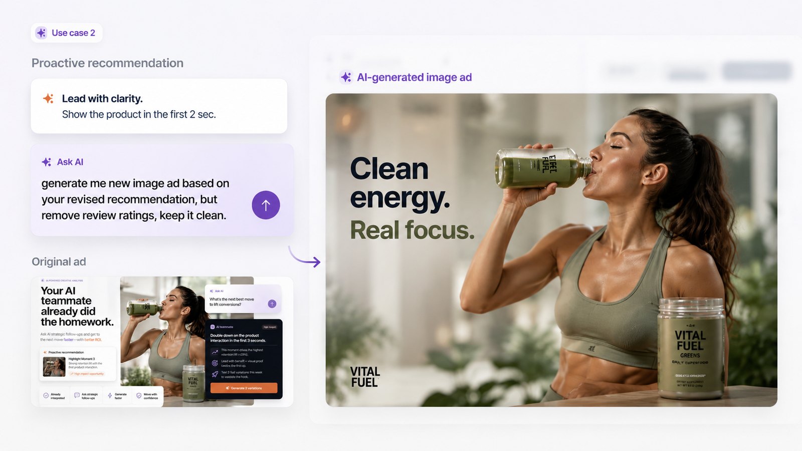 The original ad, the direction given in one prompt, and the generated clean image ad