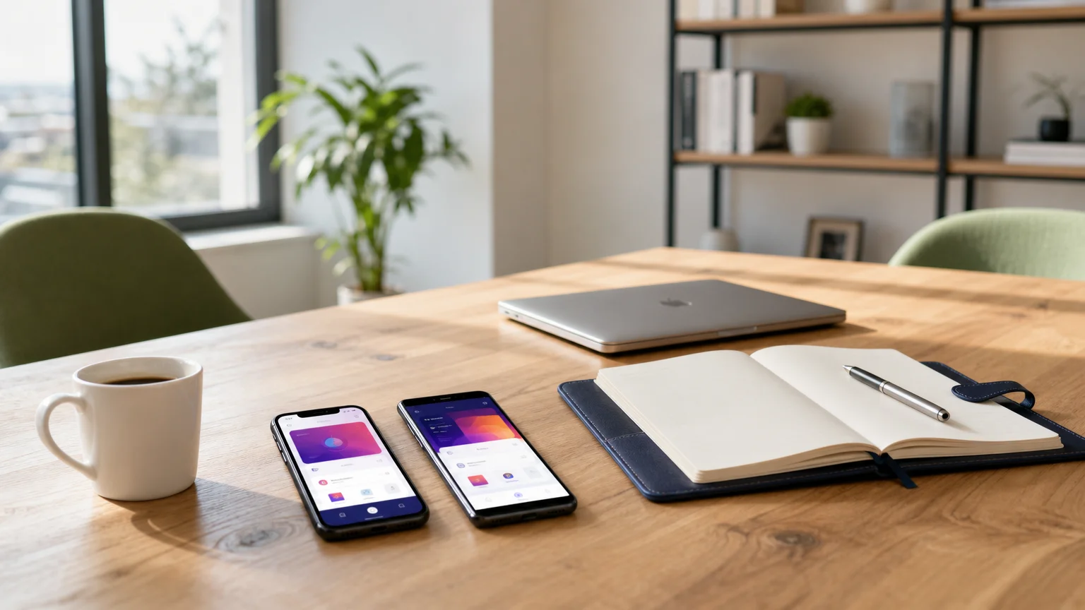 Un café, un bloc note, deux téléphones portables sur une table de travail
