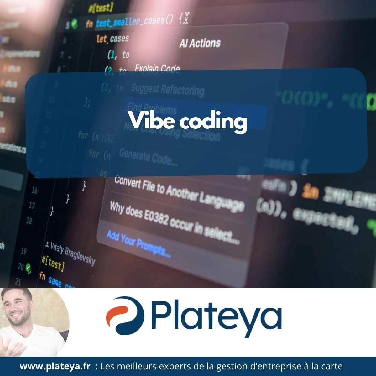 Écran ordinateur avec des lignes de code, texte "Vibe codng" au premier plan