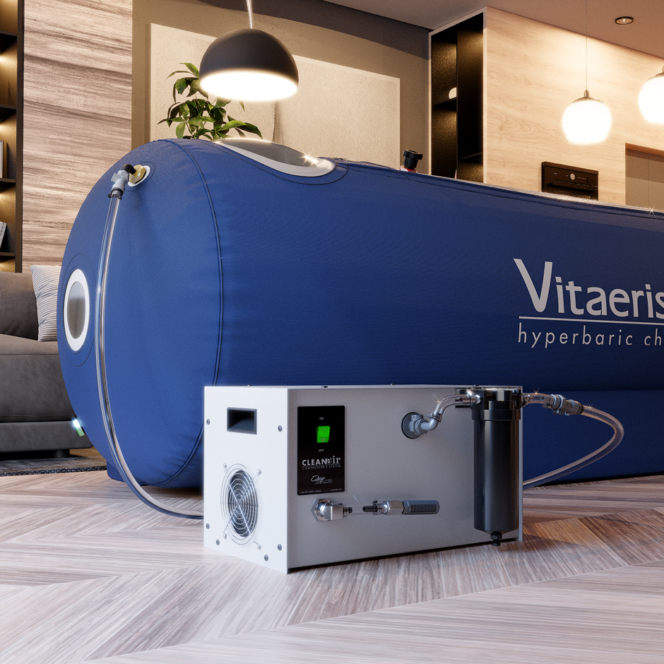 Blue Vitaeris hyperbaric chamber in a modern living room with connected air filtration device on a wooden floor.