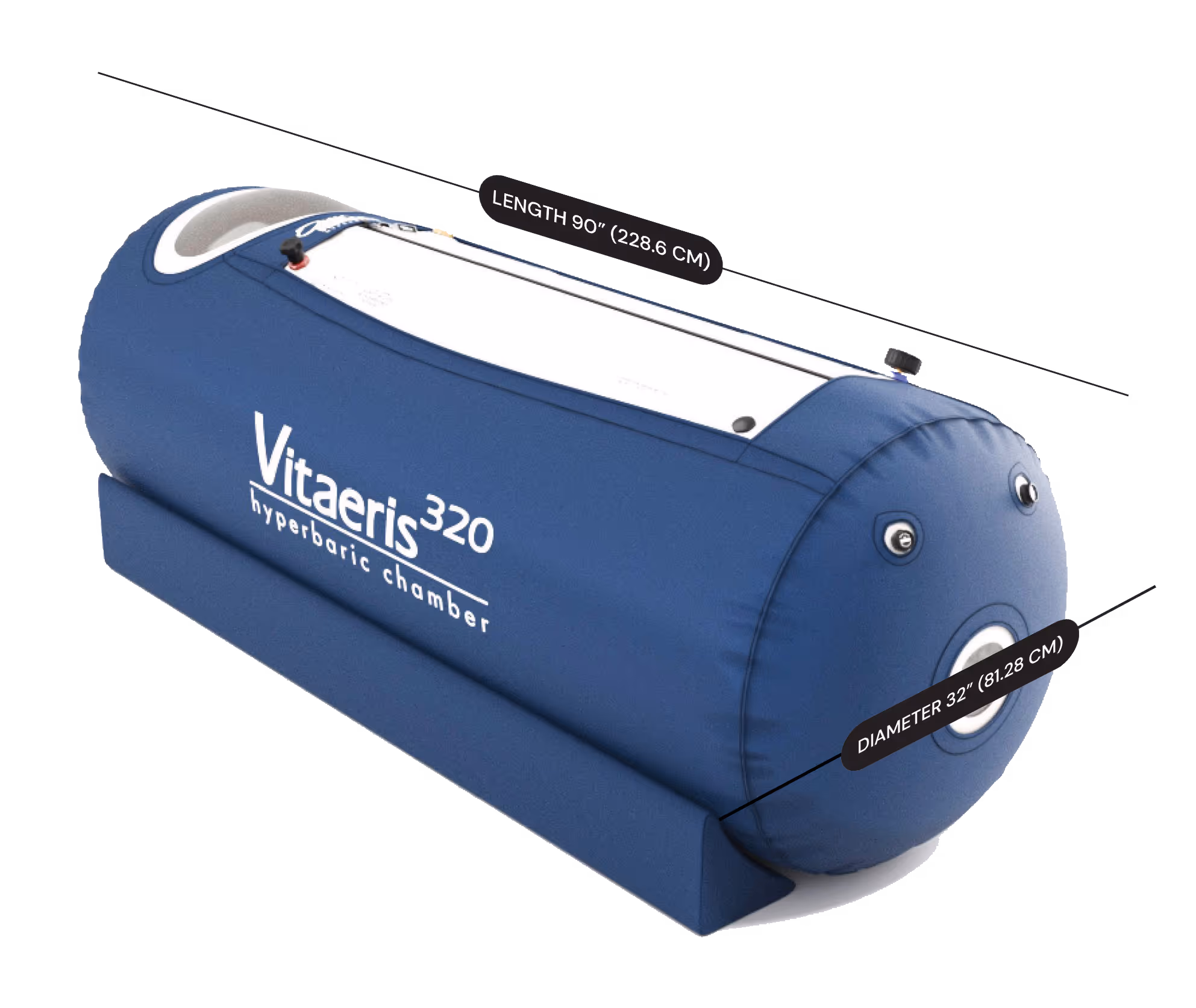 Blue Vitaeris 320 hyperbaric chamber with labeled dimensions: length 90 inches (228.6 cm) and diameter 32 inches (81.28 cm).