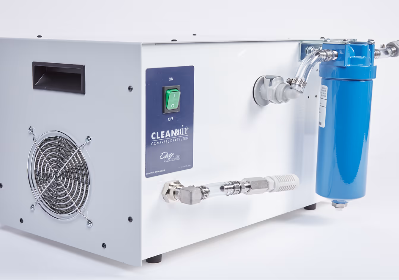 White CleanAir compressor system with a blue filter canister and green on/off switch on the front panel.