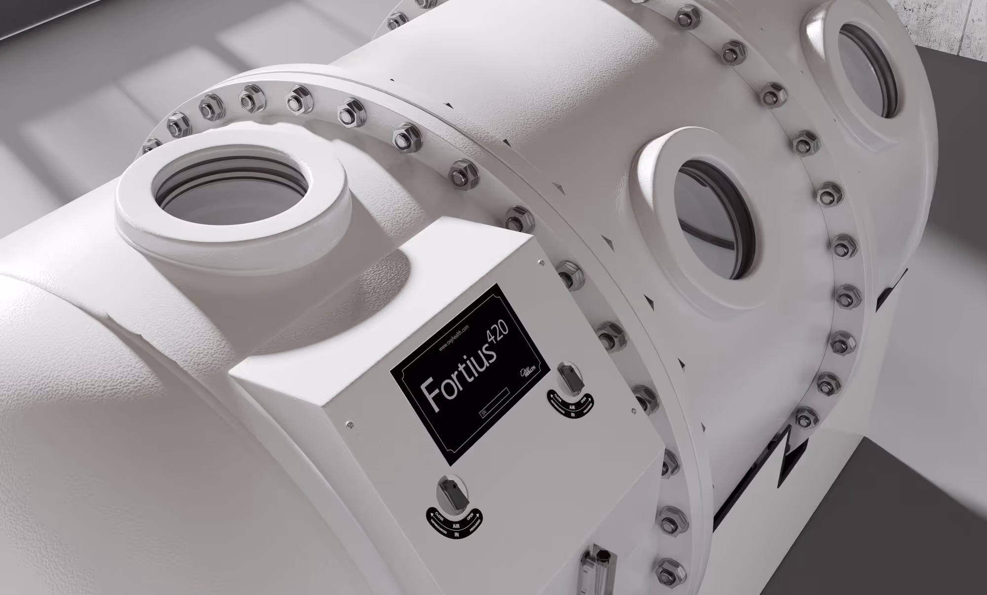 Close-up of a white industrial cylindrical device labeled Fortius 420 with bolts and glass ports.