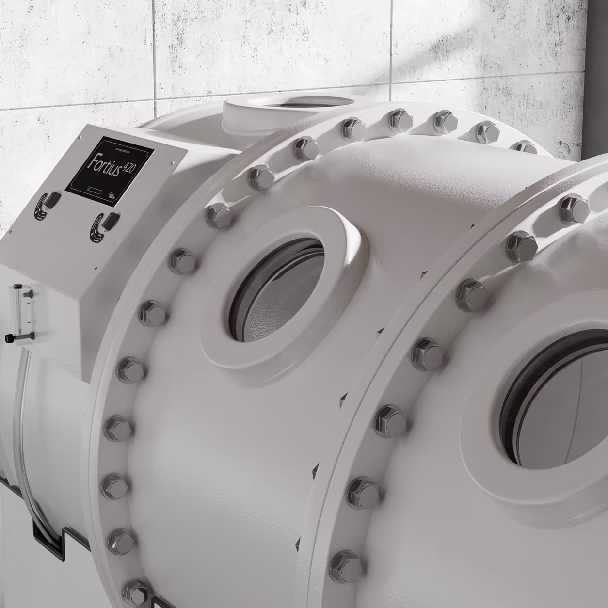 Close-up of a large white industrial machine with circular flanges and bolts, labeled Fortius 420.