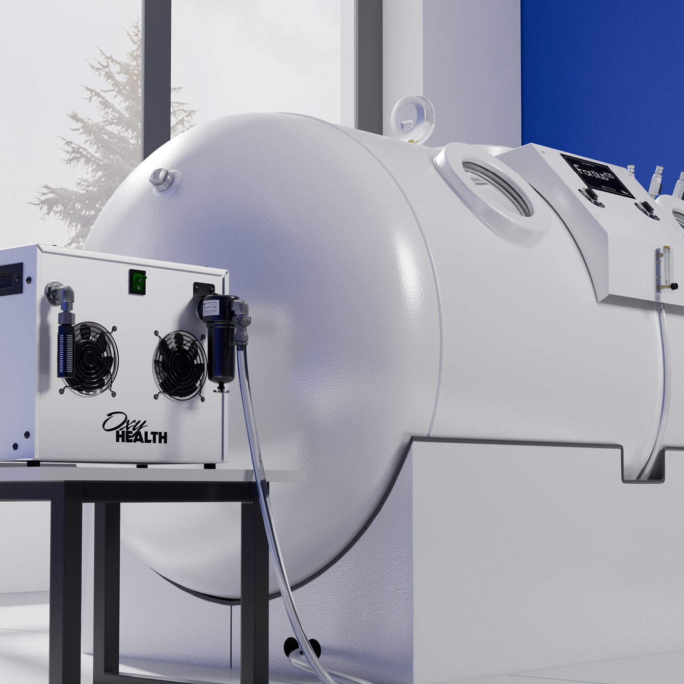 White hyperbaric oxygen therapy chamber with control panel and oxygen concentrator machine on a black metal table.