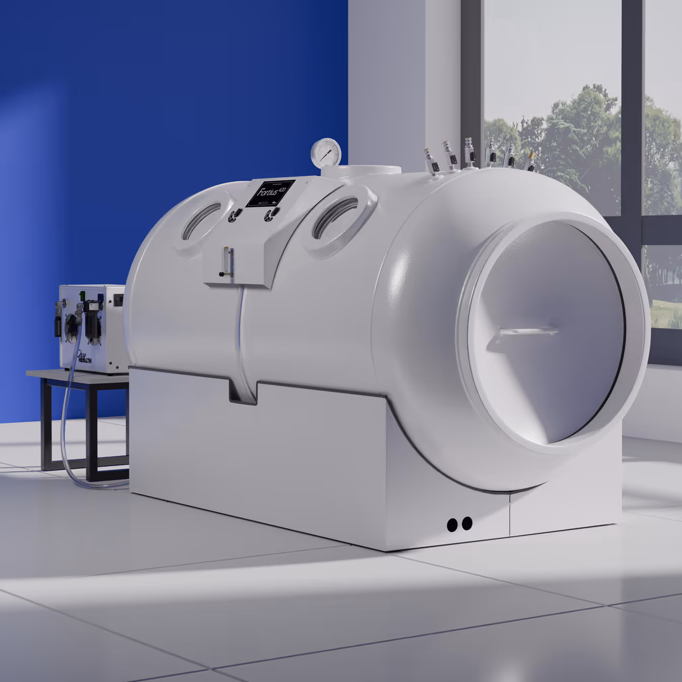 White hyperbaric oxygen therapy chamber panel with gauges and multiple valves in a clean room.