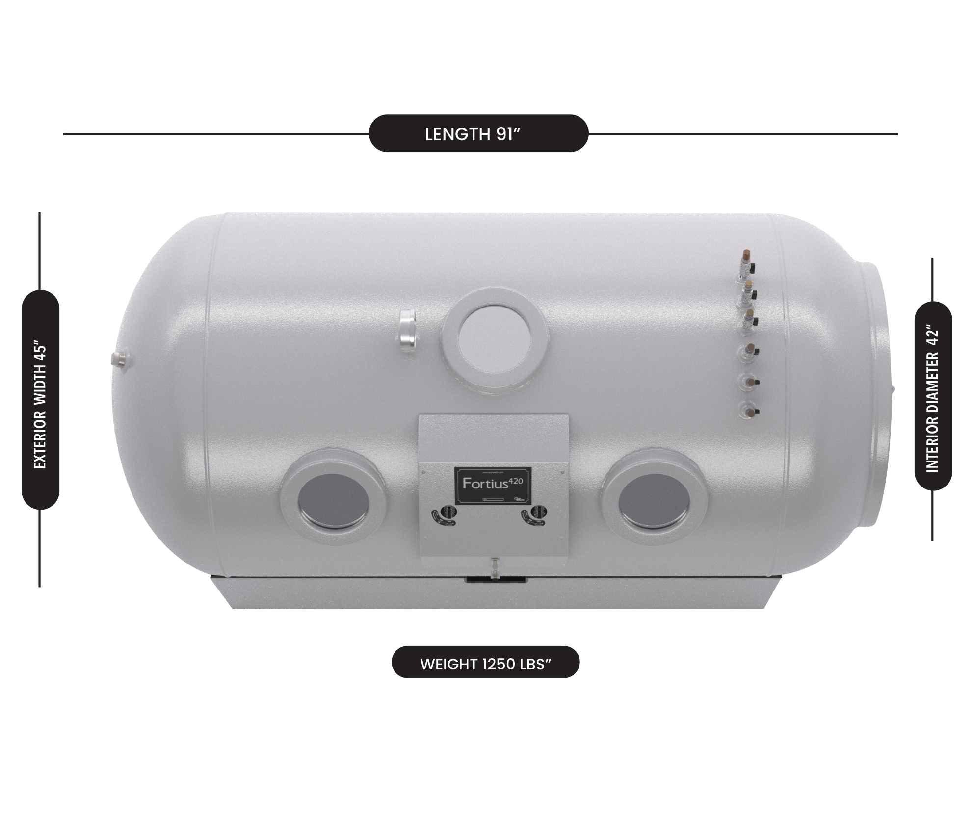 Horizontal cylindrical Fortius hyperbaric chamber with labeled dimensions: length 91 inches, exterior width 45 inches, interior diameter 42 inches, and weight 1250 pounds.