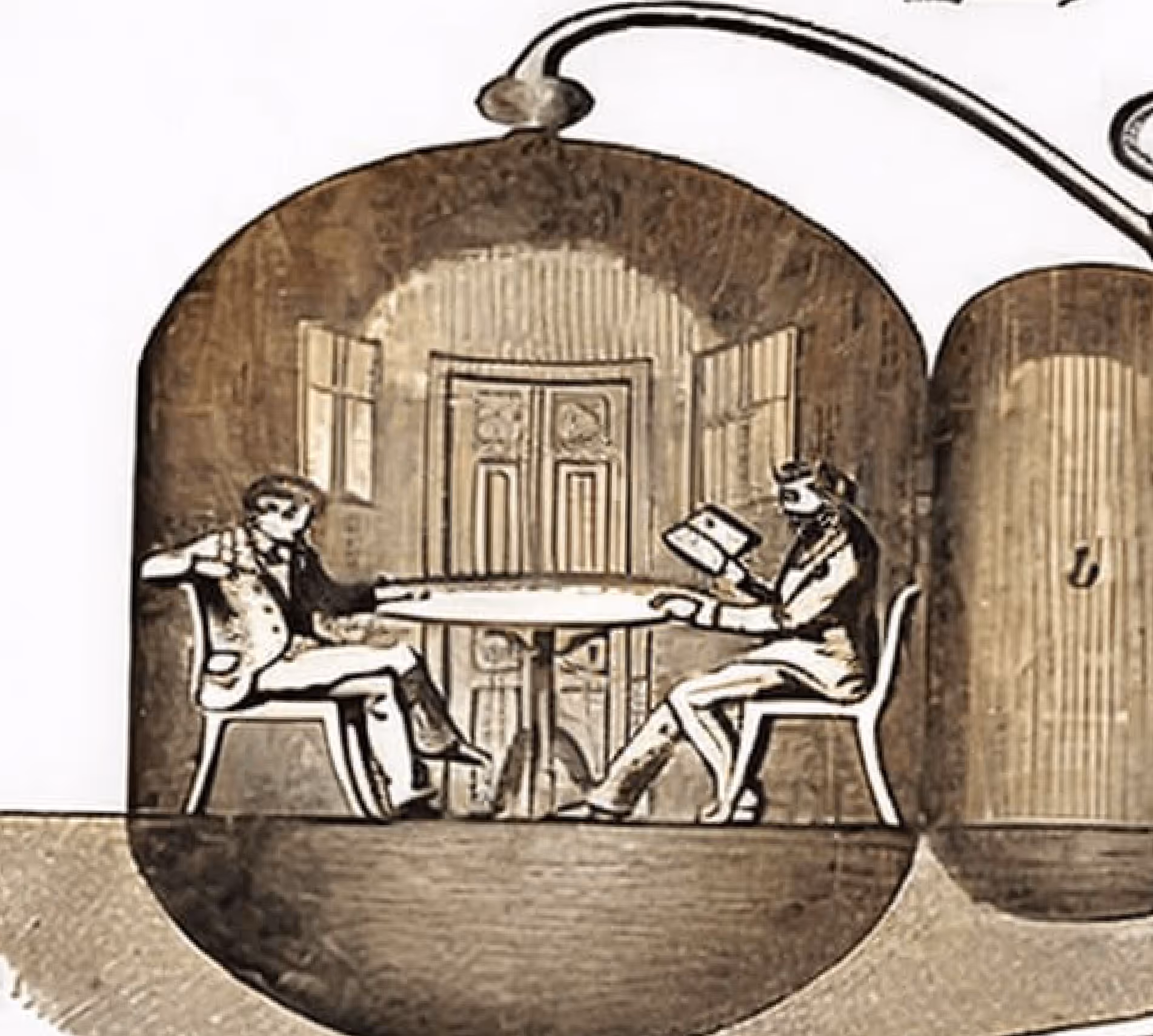 Vintage drawing showing two men seated at a round table in a hyperbaric chamber.