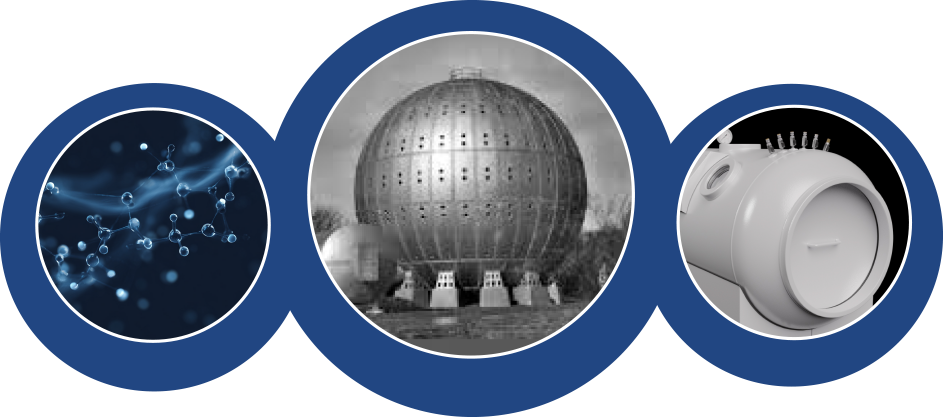 Three circular images showing a molecular structure, a large spherical hyperbaric chamber metal industrial structure, and a Fortius 420 hyperbaric chamber