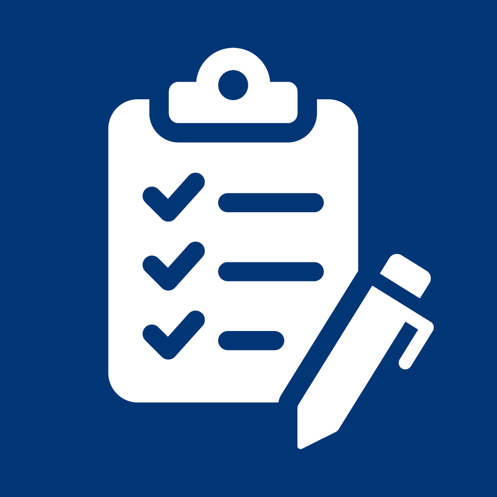 White checklist clipboard with three check marks and a pencil on a blue background.