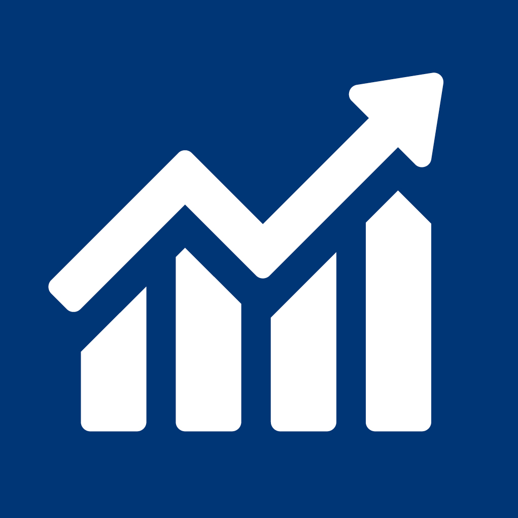 White bar chart with an upward trending arrow on a blue background, symbolizing financial growth.