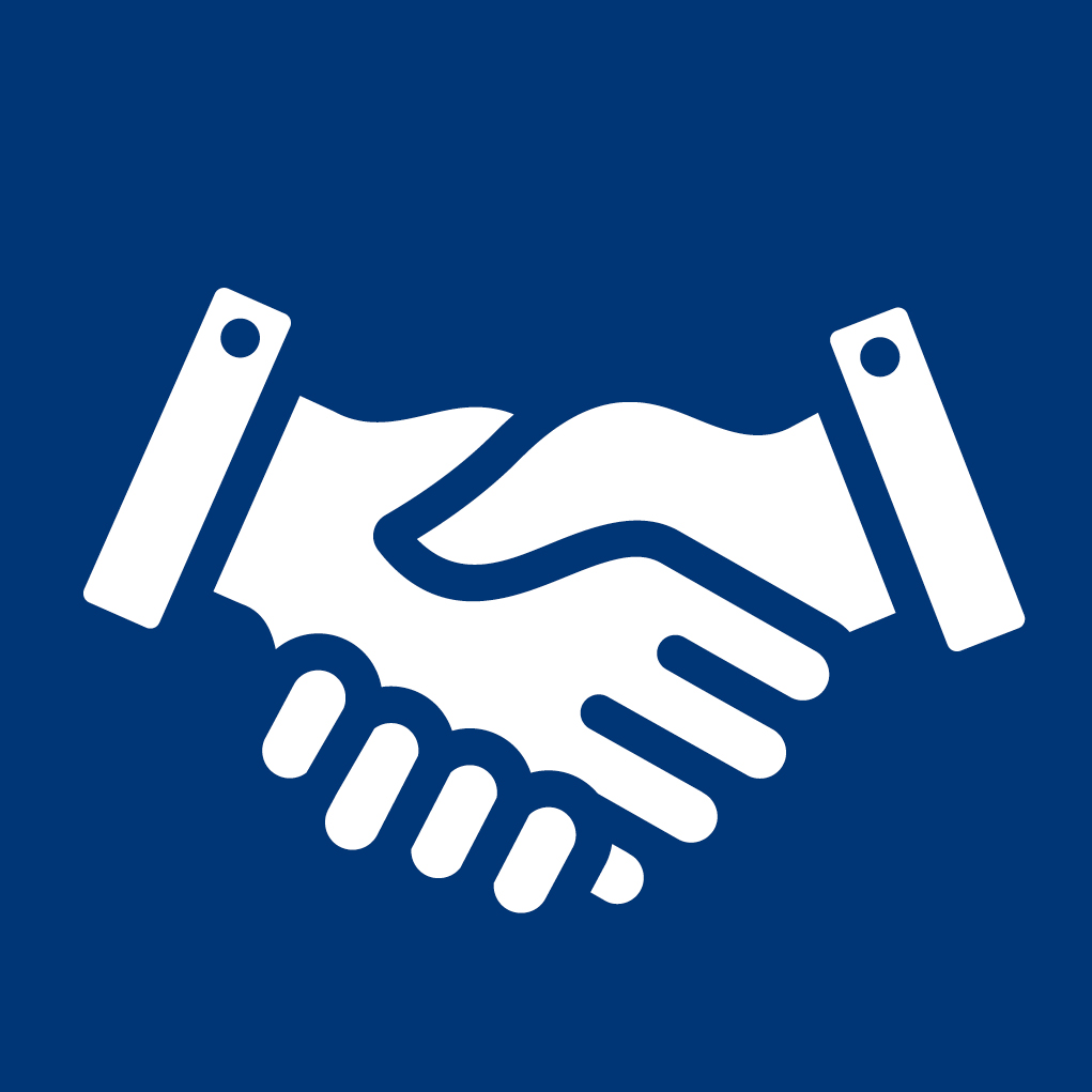 White handshake icon on a blue background representing agreement or partnership.