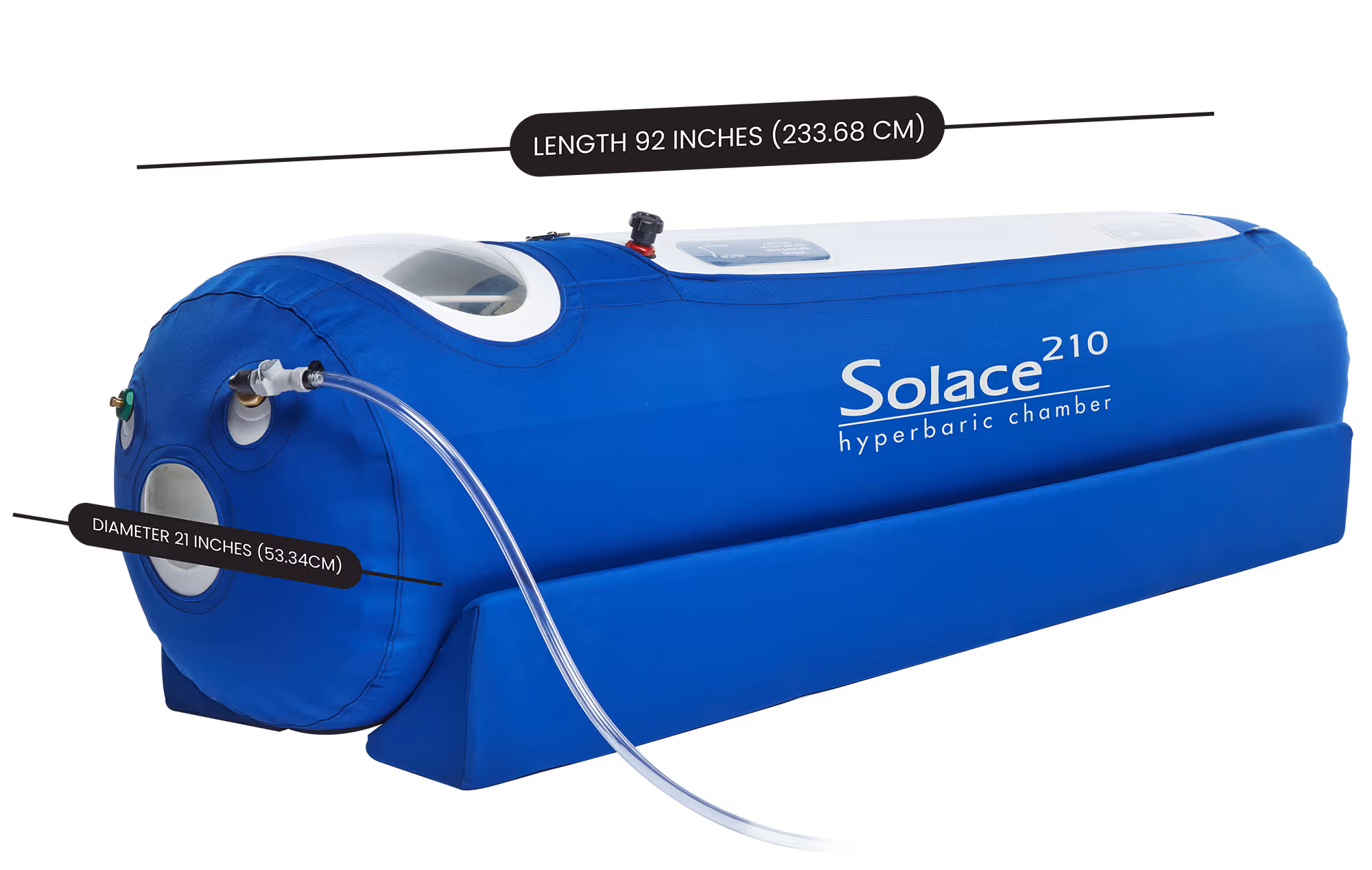 Blue Solace 210 hyperbaric chamber with dimensions labeled: length 92 inches and diameter 21 inches.