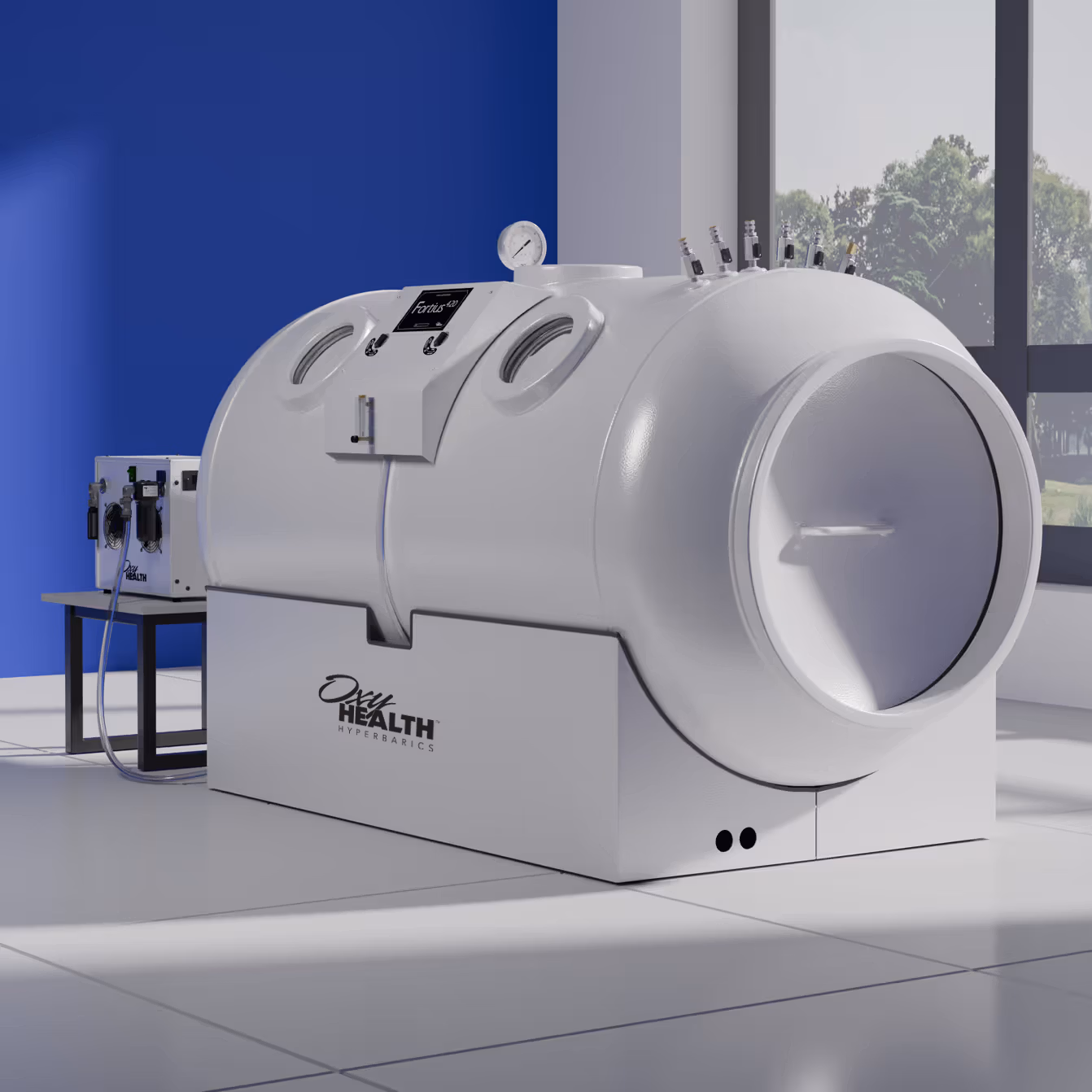 White hyperbaric oxygen therapy chamber panel with gauges and multiple valves in a clean room.