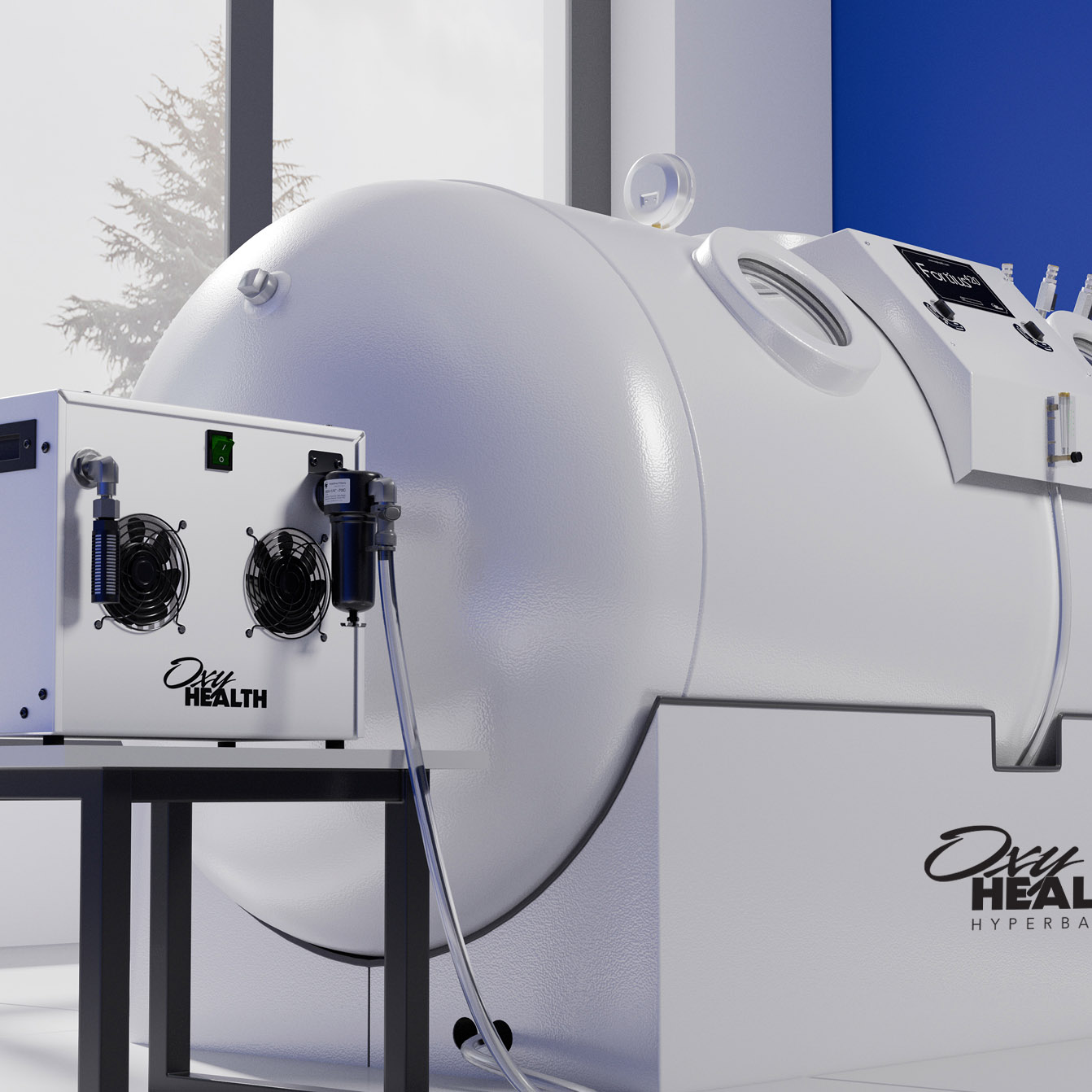 White hyperbaric oxygen therapy chamber with control panel and oxygen concentrator machine on a black metal table.