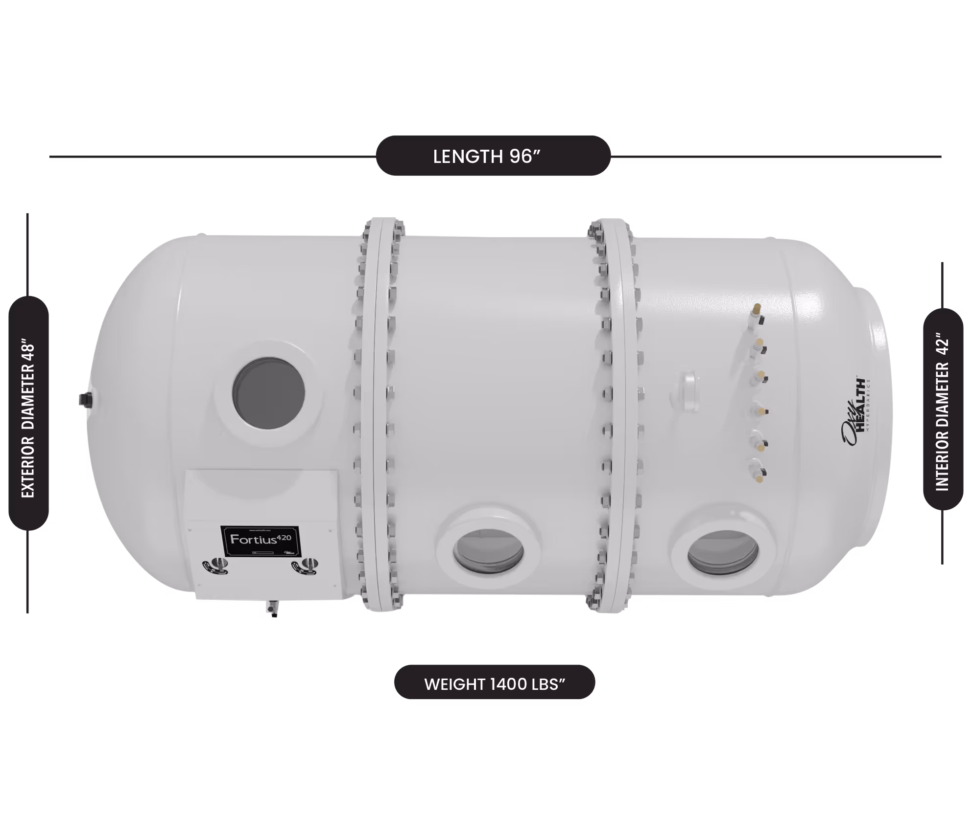 Horizontal cylindrical industrial tank labeled Fortius 420 with dimensions: length 96 inches, exterior diameter 48 inches, interior diameter 42 inches, and weight 1400 lbs.