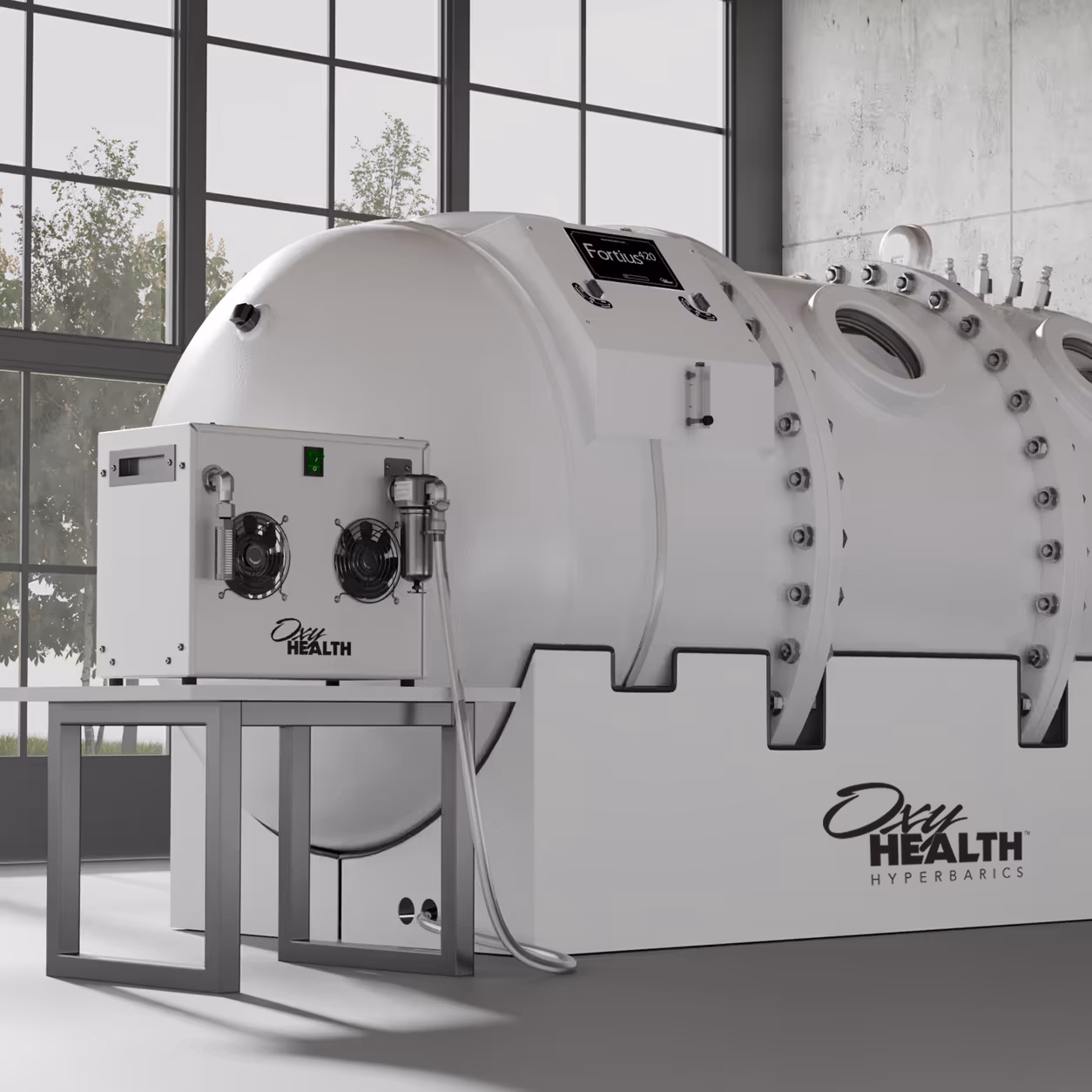 Large white hyperbaric oxygen therapy chamber with control unit on a metal stand in a room with large windows and trees outside.