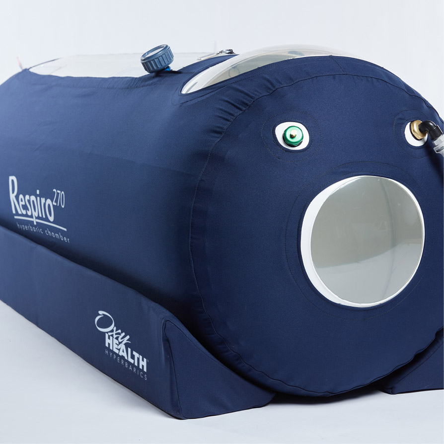 Blue Respiro 270 hyperbaric chamber with a circular window and valve connections on the front.