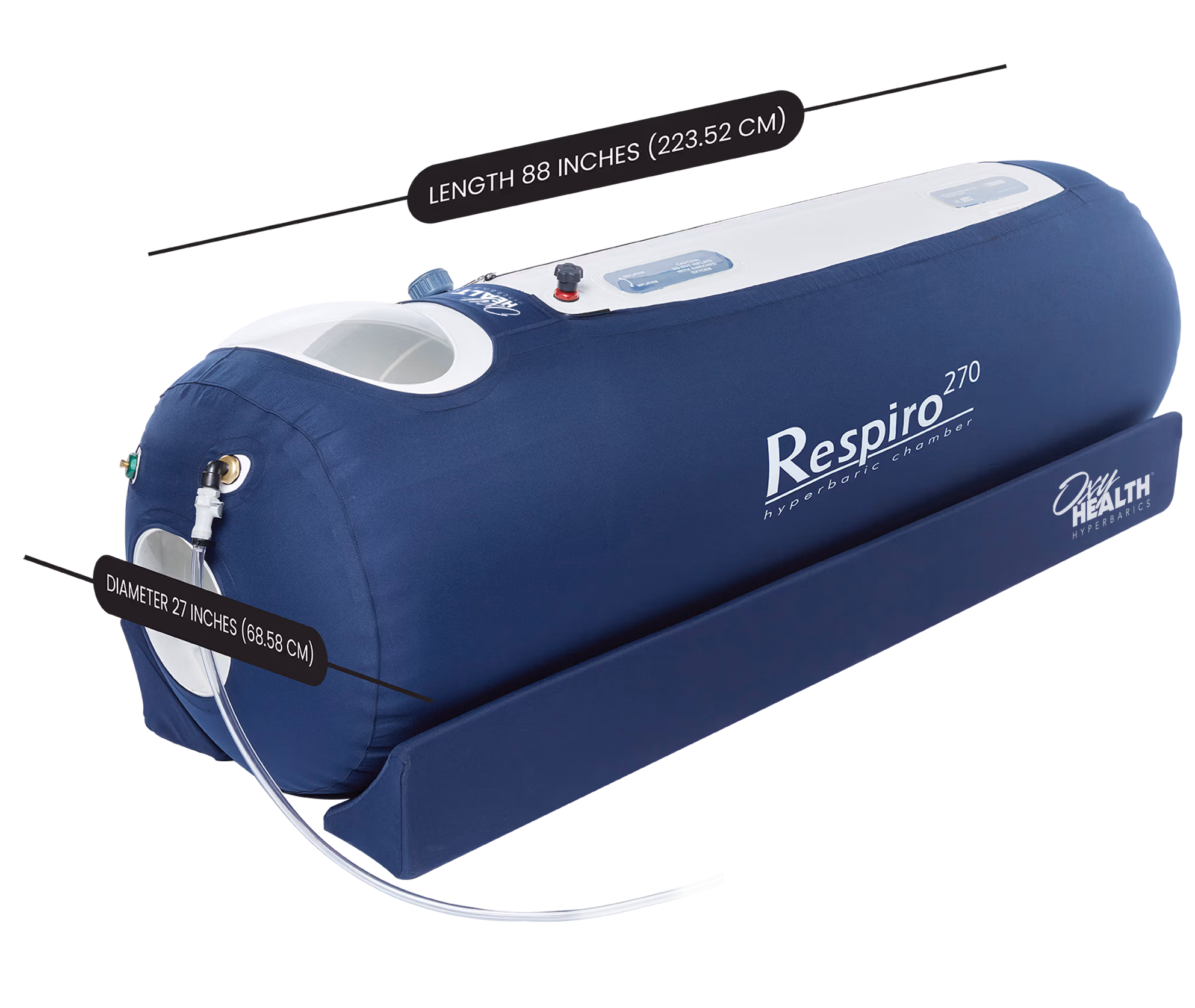 Blue Respiro 270 hyperbaric chamber with length of 88 inches and diameter of 27 inches.