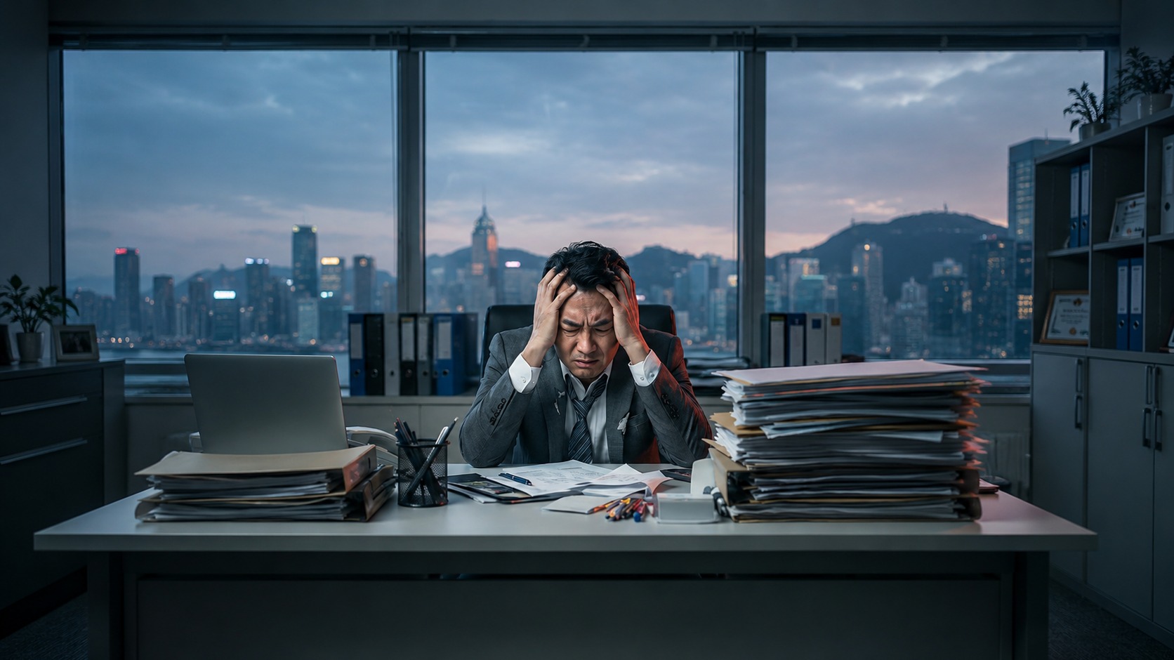 Stressed businessman at desk with Hong Kong skyline at dusk