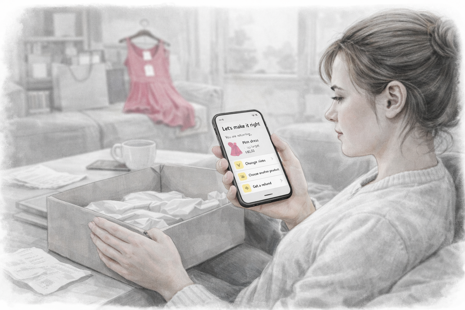 A woman sitting on a sofa holds an open parcel box while looking at a smartphone showing return options for a pink dress, with shopping bags and the dress visible in the background