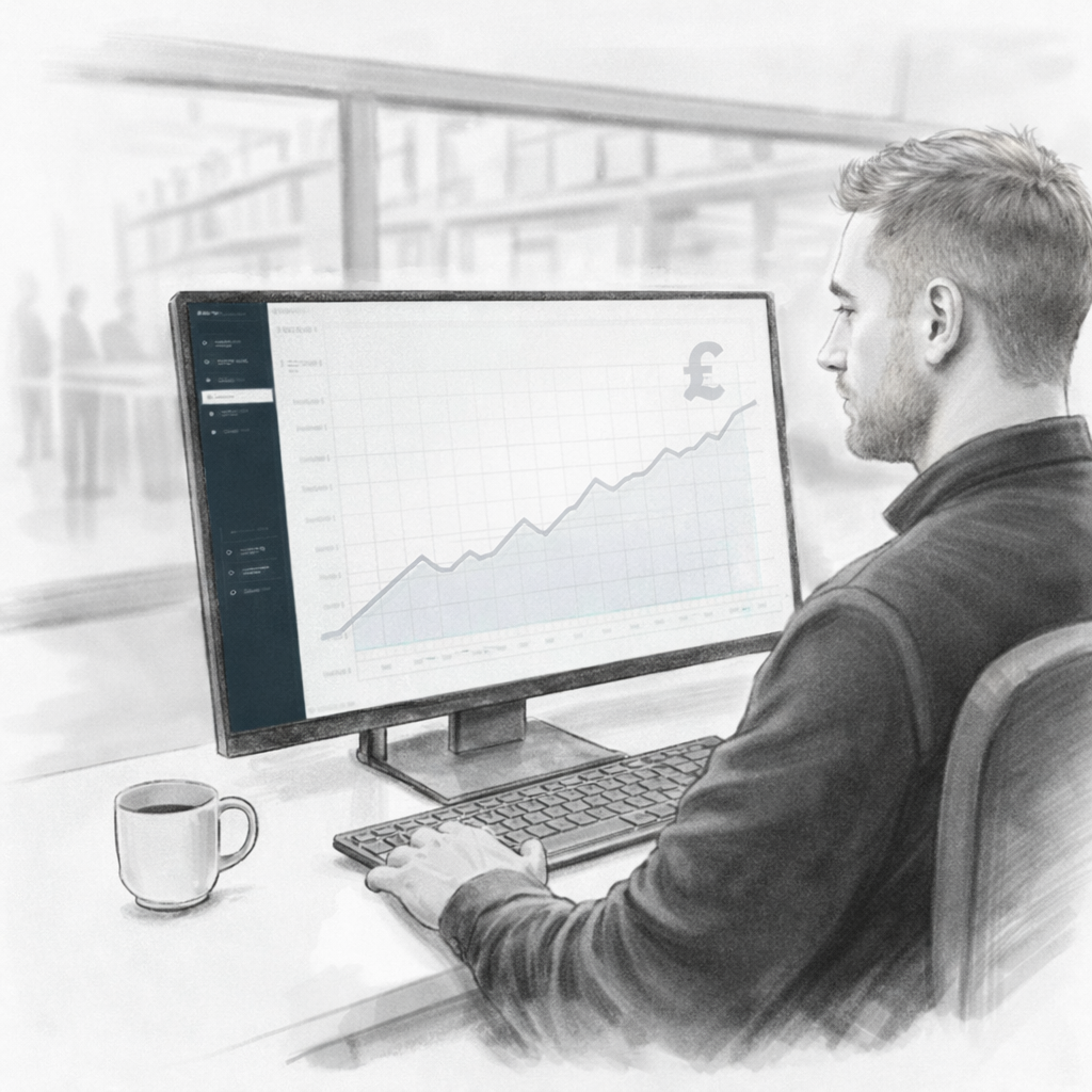 Grayscale sketch-style illustration of a British office worker sitting at a desk, viewed from the side, looking at a computer monitor displaying a subtle upward-trending line graph with a pound (£) symbol in the corner.
