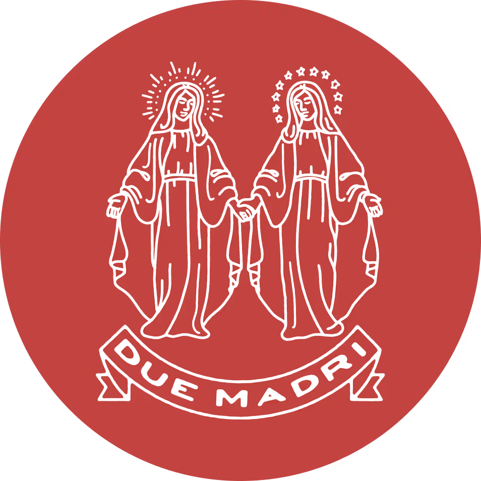 Illustrated logo of two women in the style of religious figures above a banner reading Due Madri.