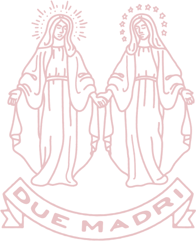 Illustrated logo of two women in the style of religious figures above a banner reading Due Madri.