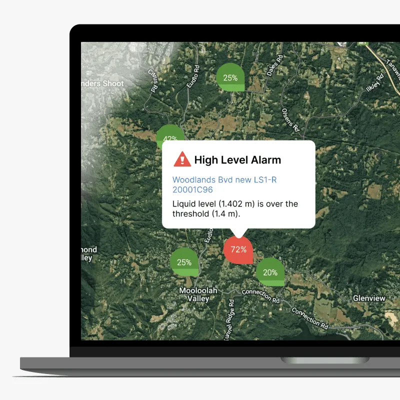 HiLo sewer monitoring dashboard showing live level data and alerts across a wastewater network
