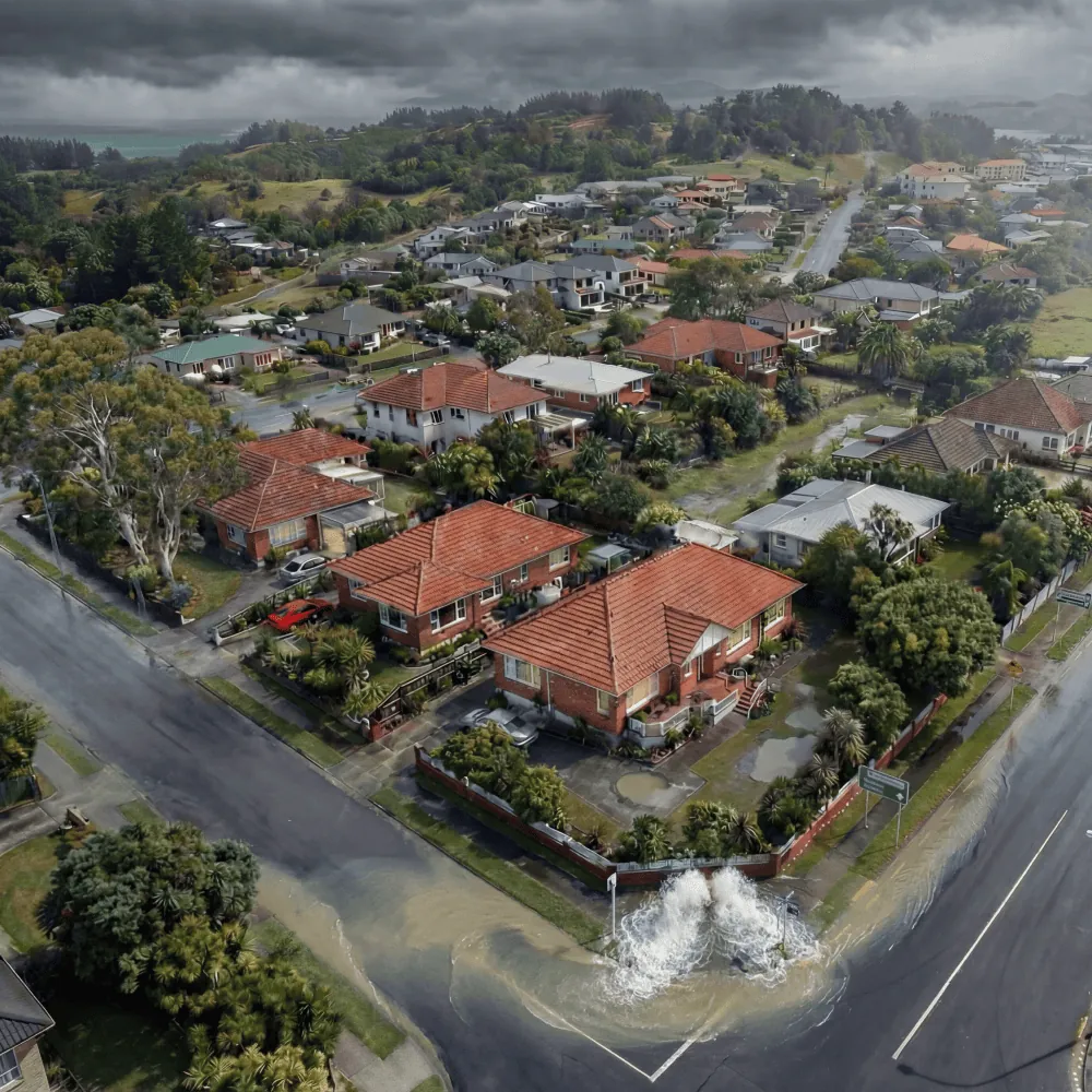 Illustration of a sewer network before monitoring, showing stormwater entering manholes and overloading the wastewater system during rainfall