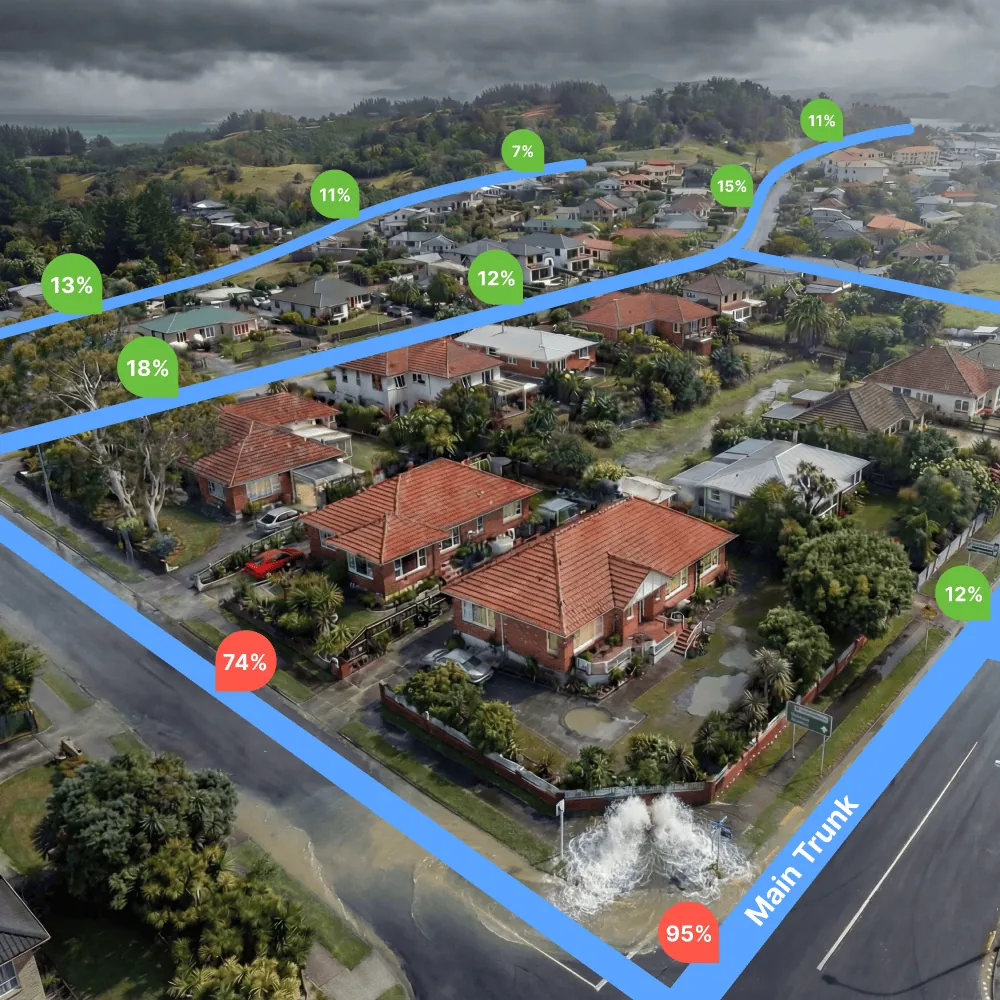 Illustration of a sewer network with HiLo manhole monitors deployed across catchments, identifying the sources of inflow and infiltration