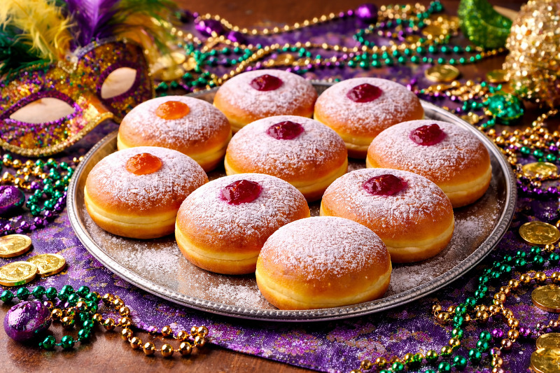 tray of traditionally made paczki with a mardi gras themed background