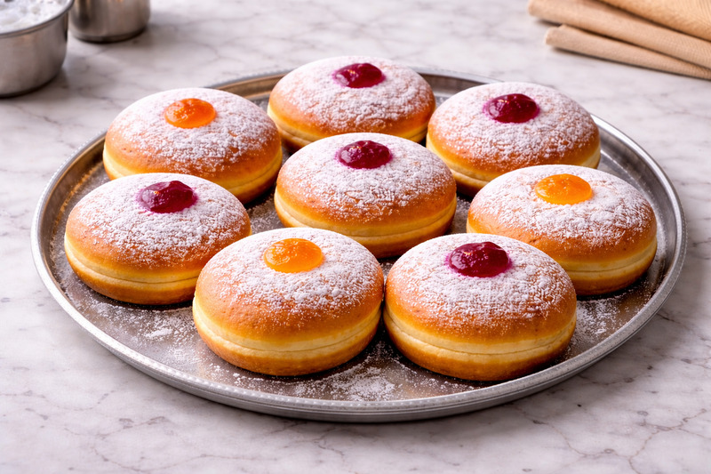 round display of paczki with fruit fillings, on a kitchen counter
