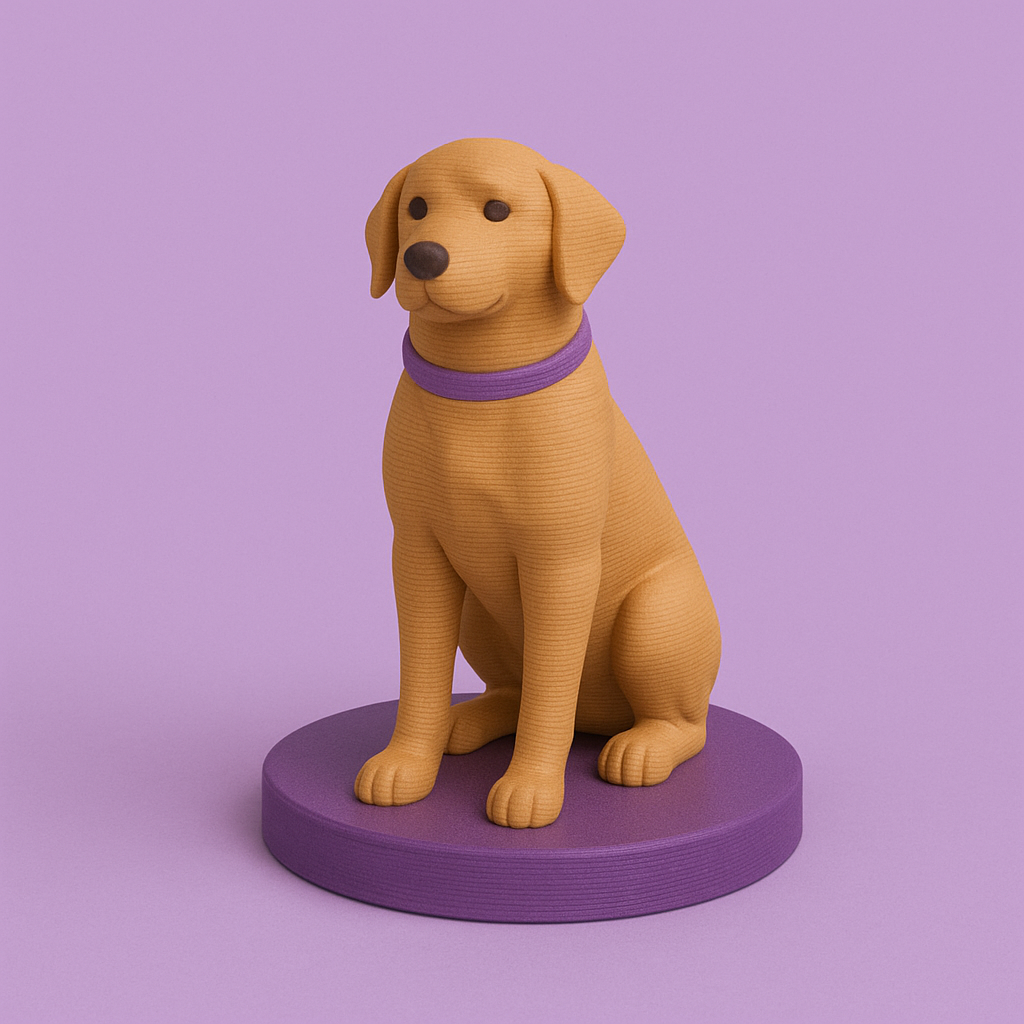 3D Printing Cake Topper of a dog. Brown dog on a purple stand.
