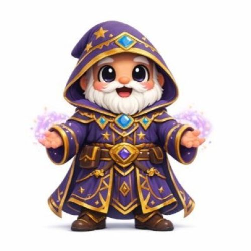a cute little wizard in a purple robe raising his hand casting a spell.