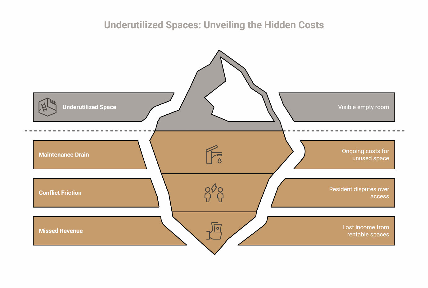 Iceberg diagram illustrating hidden costs of underutilized spaces in multifamily properties including maintenance drain, conflict friction, missed revenue, ongoing costs, resident disputes, and lost rental income.