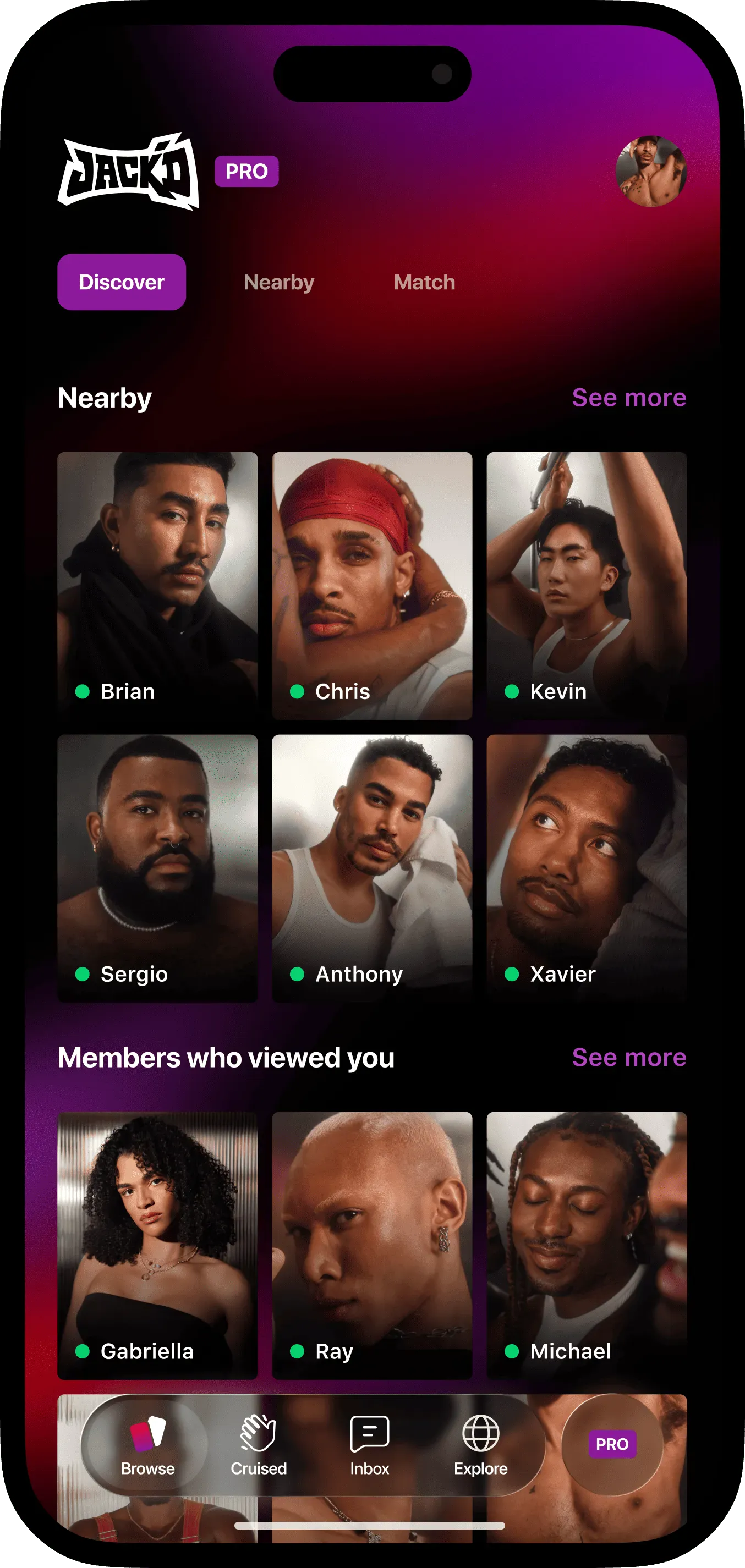 An image of the Jack'd grid with profile images on a phone