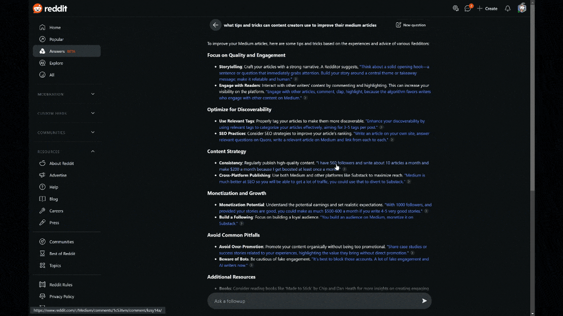 A screenshot of Reddit’s interface showing an AI-generated answer to the question “what tips and tricks can content creators use to improve their medium articles.” The response is structured into several sections including “Focus on Quality and Engagement,” “Optimize for Discoverability,” “Content Strategy,” “Monetization and Growth,” and “Avoid Common Pitfalls.” The interface features a dark theme with white text, and includes detailed bullet points with specific recommendations for Medium writ